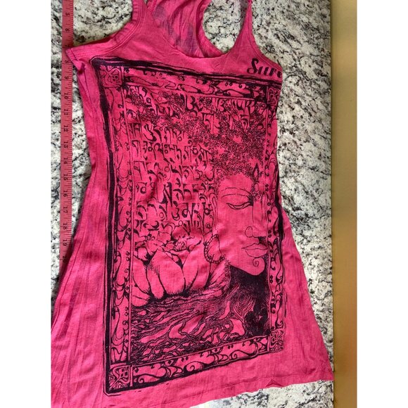 Sute Womens Racerback Tank Top Small Pink Buddha Print Cotton Distressed Boho - Picture 4 of 6